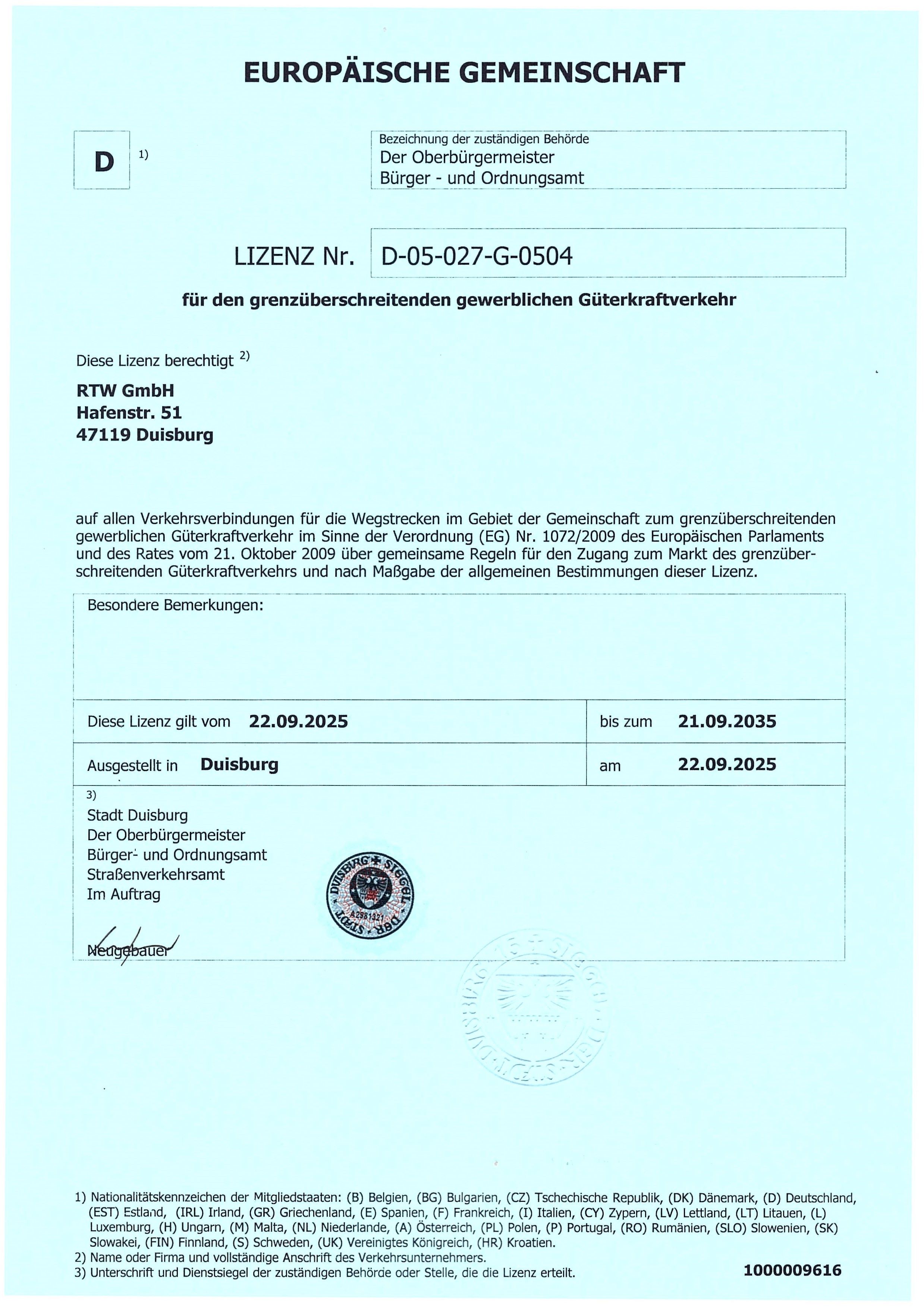 EU Lizenz DUISBURG